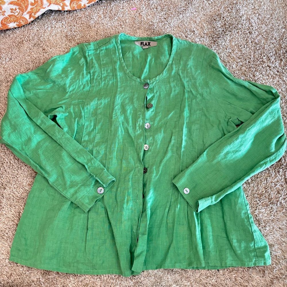FLAX green linen collared button up shirt P